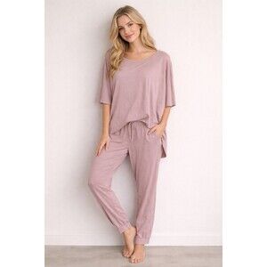 Cuyana Organic Pima Cotton 2 Piece Lounge Set Pink Asymmetrical Top Jogger Large